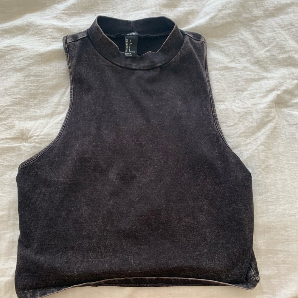 Black distressed high neck crop top